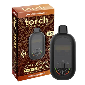 Torch Pebble Live Resin THC-A OG Chemdawg (Sativa) flavor with pungent diesel and earthy flavors, offering a powerful head-high.