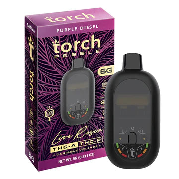 Torch Pebble Live Resin THC-A Purple Diesel (Sativa) flavor with earthy diesel and sweet grape notes for a strong, energizing high.