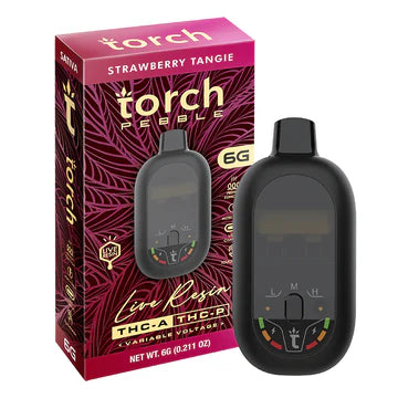 Torch Pebble Live Resin THC-A Strawberry Tangie (Sativa) flavor with sweet strawberry and citrusy tang for an uplifting vape experience.