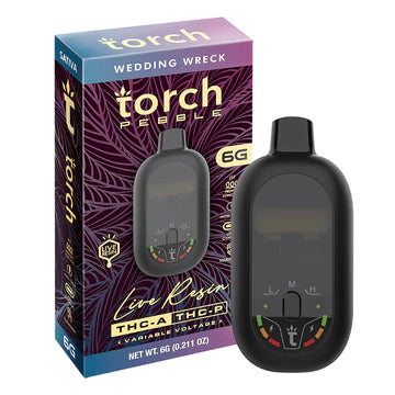Torch Pebble Live Resin THC-A Wedding Wreck (Sativa) flavor with a potent blend of sweet, citrusy flavors and a relaxing high.