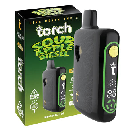 Torch Pulse Live Resin THC-A 6g Sour Apple Diesel flavor with a tangy apple and diesel blend for a potent experience.