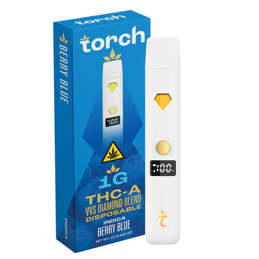 Torch THC-A VVS Diamond Blend Disposable 1g Berry Blue (Indica) flavor with sweet, berry notes and a relaxing, calming effect.