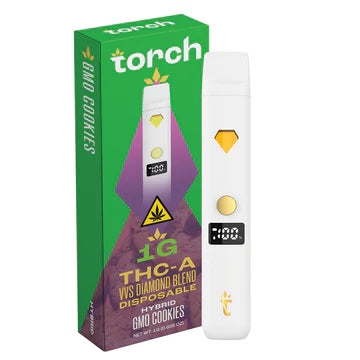 Torch THC-A VVS Diamond Blend Disposable 1g GMO Cookies (Hybrid) flavor with earthy, diesel-like notes and a sweet, pungent finish.