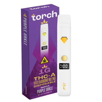 Torch THC-A VVS Diamond Blend Disposable 1g Purple Urkle (Indica) flavor with sweet, berry, and earthy notes for a relaxing high.