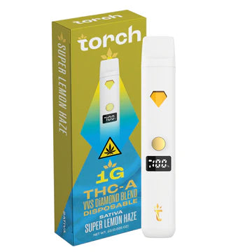 Torch THC-A VVS Diamond Blend Disposable 1g Super Lemon Haze (Sativa) flavor with a zesty lemon and citrus finish for a refreshing, uplifting vape.

