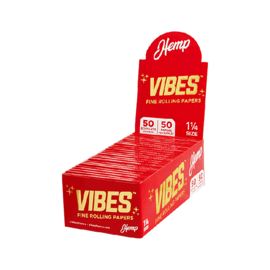 Vibes 1 1/4 Hemp Rolling Papers 50-count box offering smooth, natural hemp papers for clean, flavorful smoking sessions