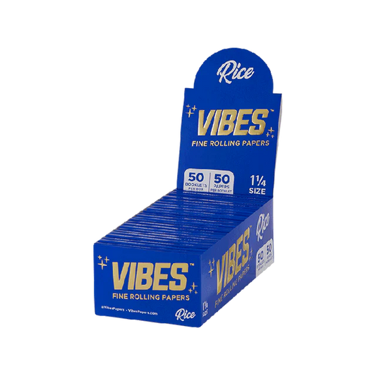 Box of Vibes 1 1/4 Rice Rolling Papers containing 50 booklets for smooth, slow-burning sessions.