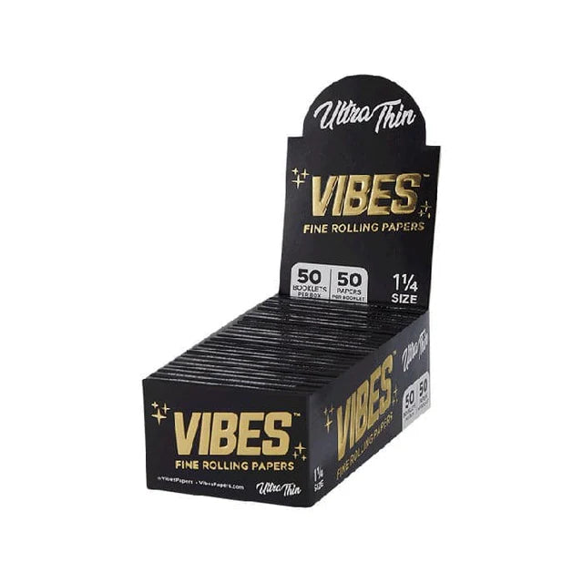 Box of 50 packs Vibes 1 1/4 Ultra Thin Rolling Papers for smooth, pure, and slow-burning smoking sessions.