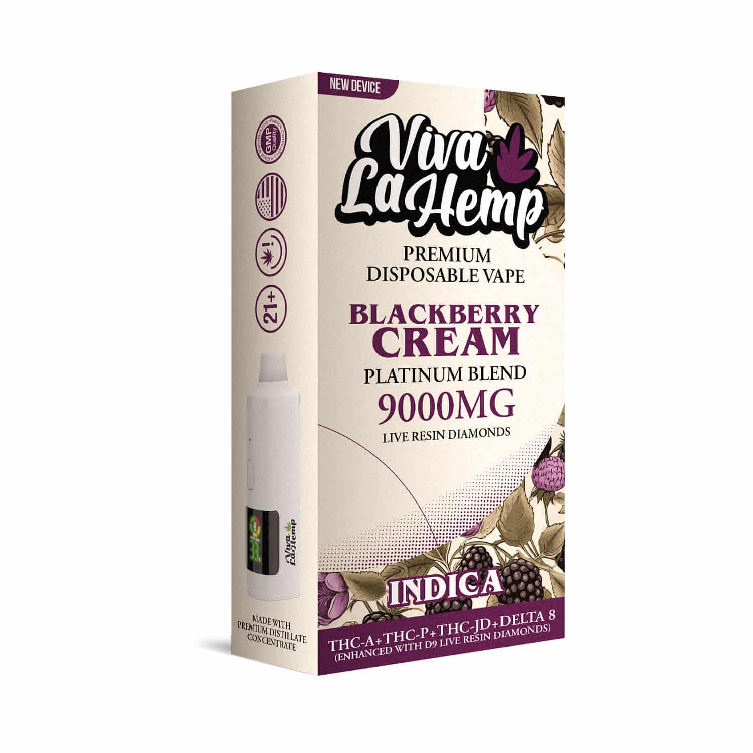 Viva La Hemp Platinum Blend Disposable Vape 9ML Blackberry Cream (Indica) flavor with sweet, rich blackberry and smooth cream for a calming, euphoric high.