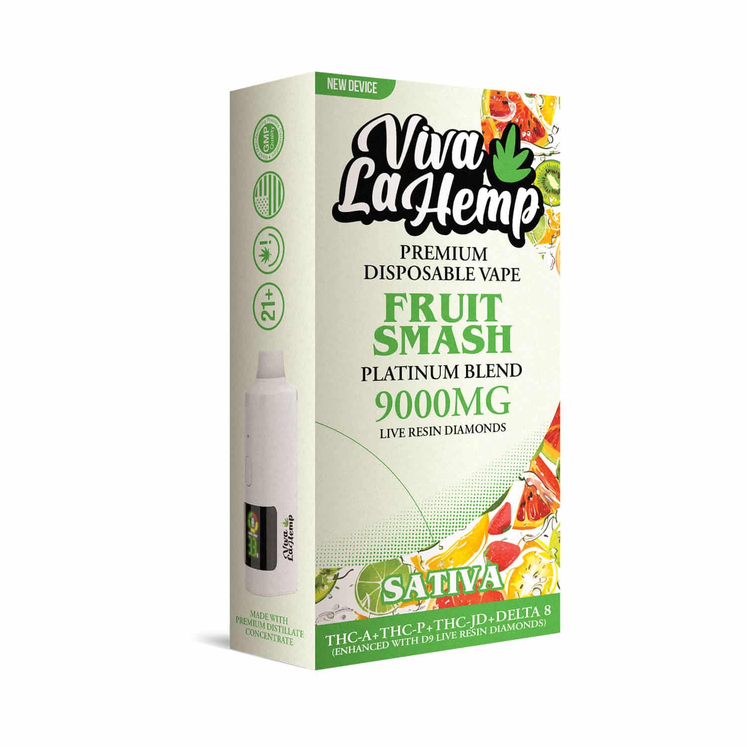 Viva La Hemp Platinum Blend Disposable Vape 9ML Fruit Smash (Sativa) flavor with a burst of tangy, sweet mixed fruit for a refreshing, energizing vape.