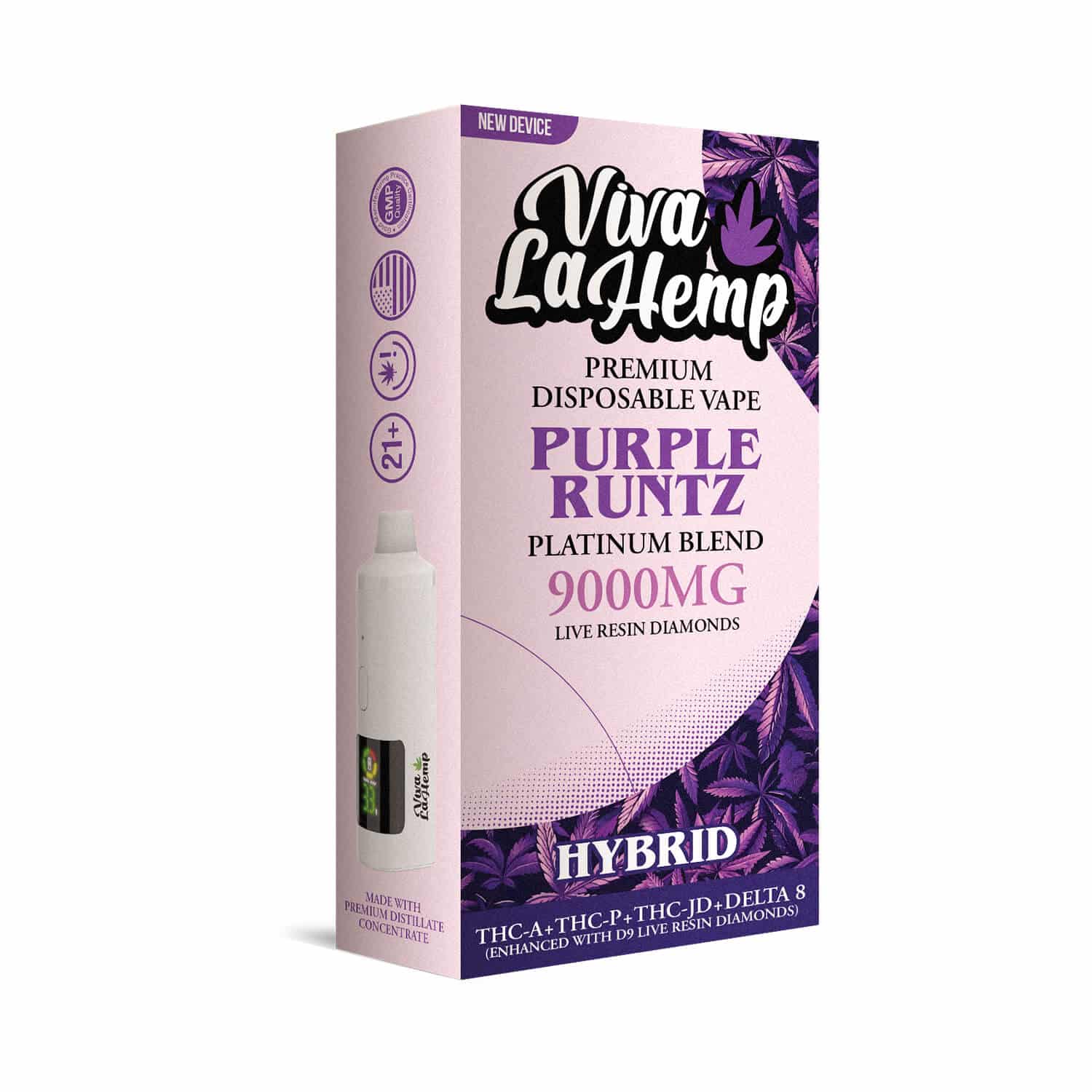 Viva La Hemp Platinum Blend Disposable Vape 9ML Purple Runtz (Hybrid) flavor with sweet, candy-like berry notes and earthy undertones for a balanced high.