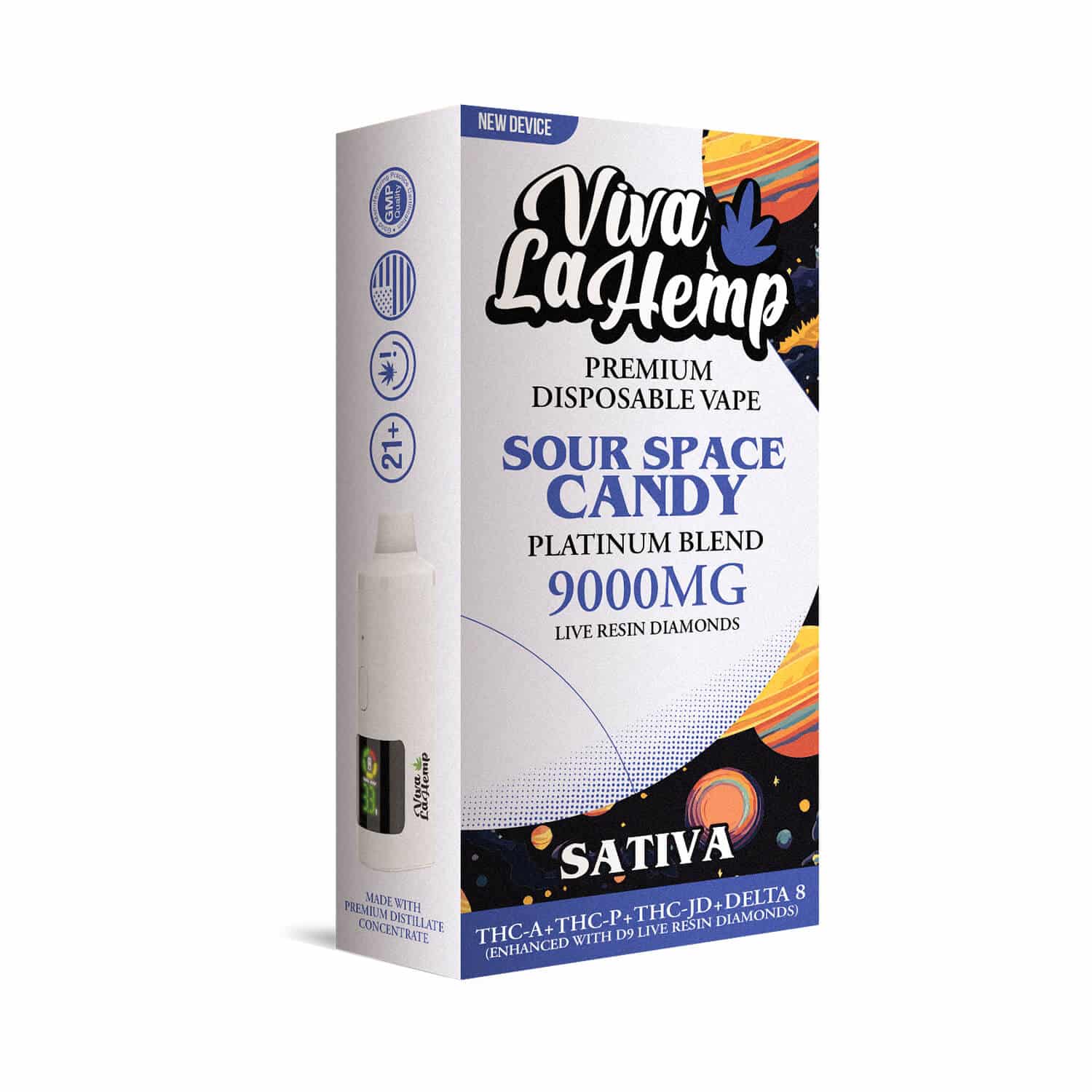 Viva La Hemp Platinum Blend Disposable Vape 9ML Sour Space Candy (Sativa) flavor with sour citrus and earthy, fruity notes for an energizing high.