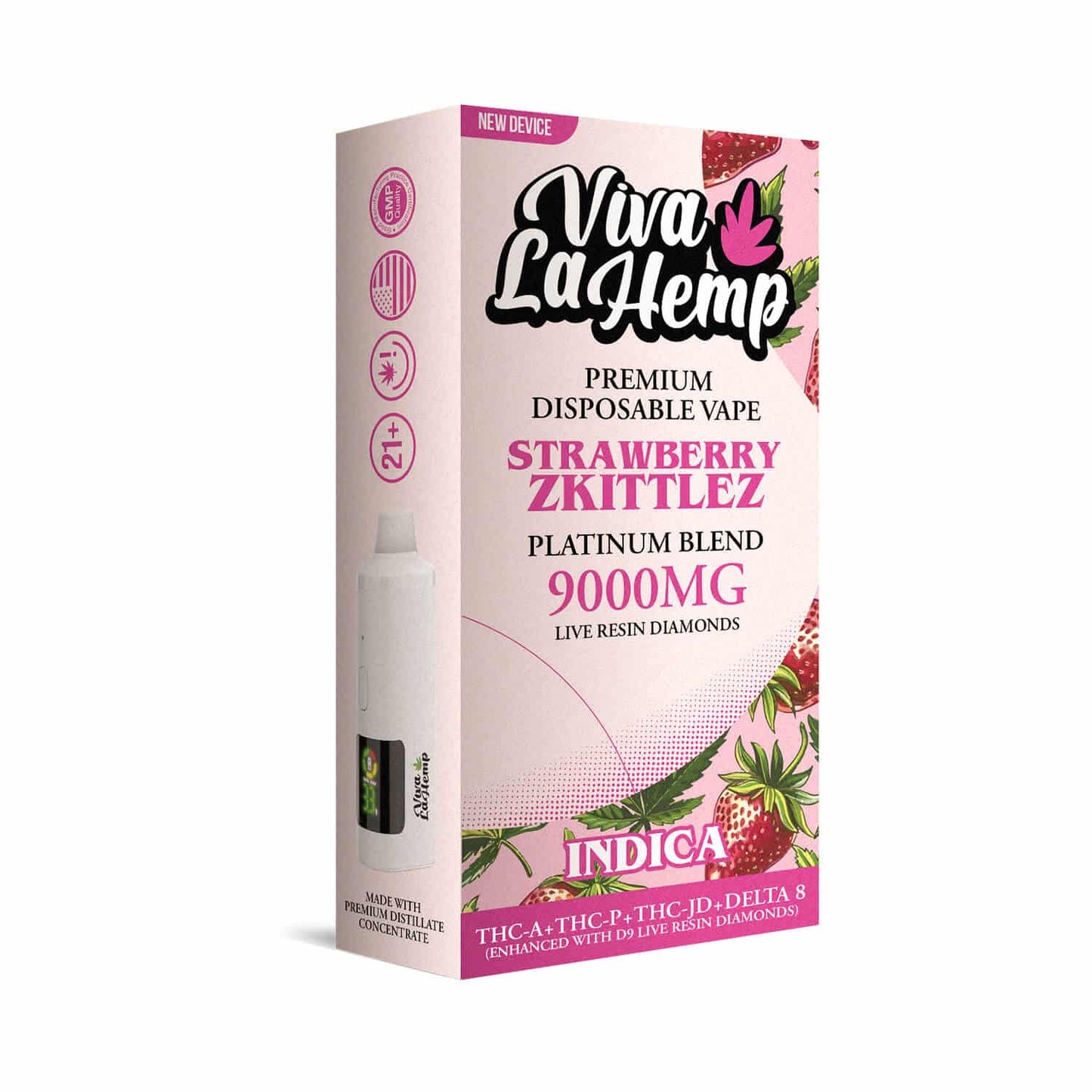 Viva La Hemp Platinum Blend Disposable Vape 9ML Strawberry Zkittlez (Indica) flavor with sweet strawberries and tangy Zkittlez for a calming, flavorful experience.