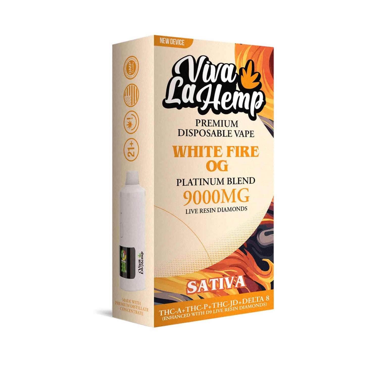 Viva La Hemp Platinum Blend Disposable Vape 9ML White Fire OG (Sativa) flavor with spicy, earthy notes and a smooth, uplifting effect.