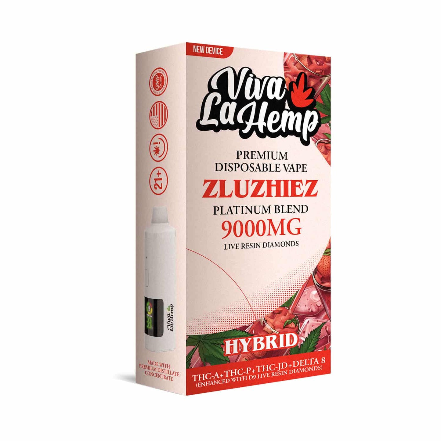 Viva La Hemp Platinum Blend Disposable Vape 9ML Zlushiez (Hybrid) flavor with a sweet, fruity blend and earthy undertones for a balanced, relaxed experience.
